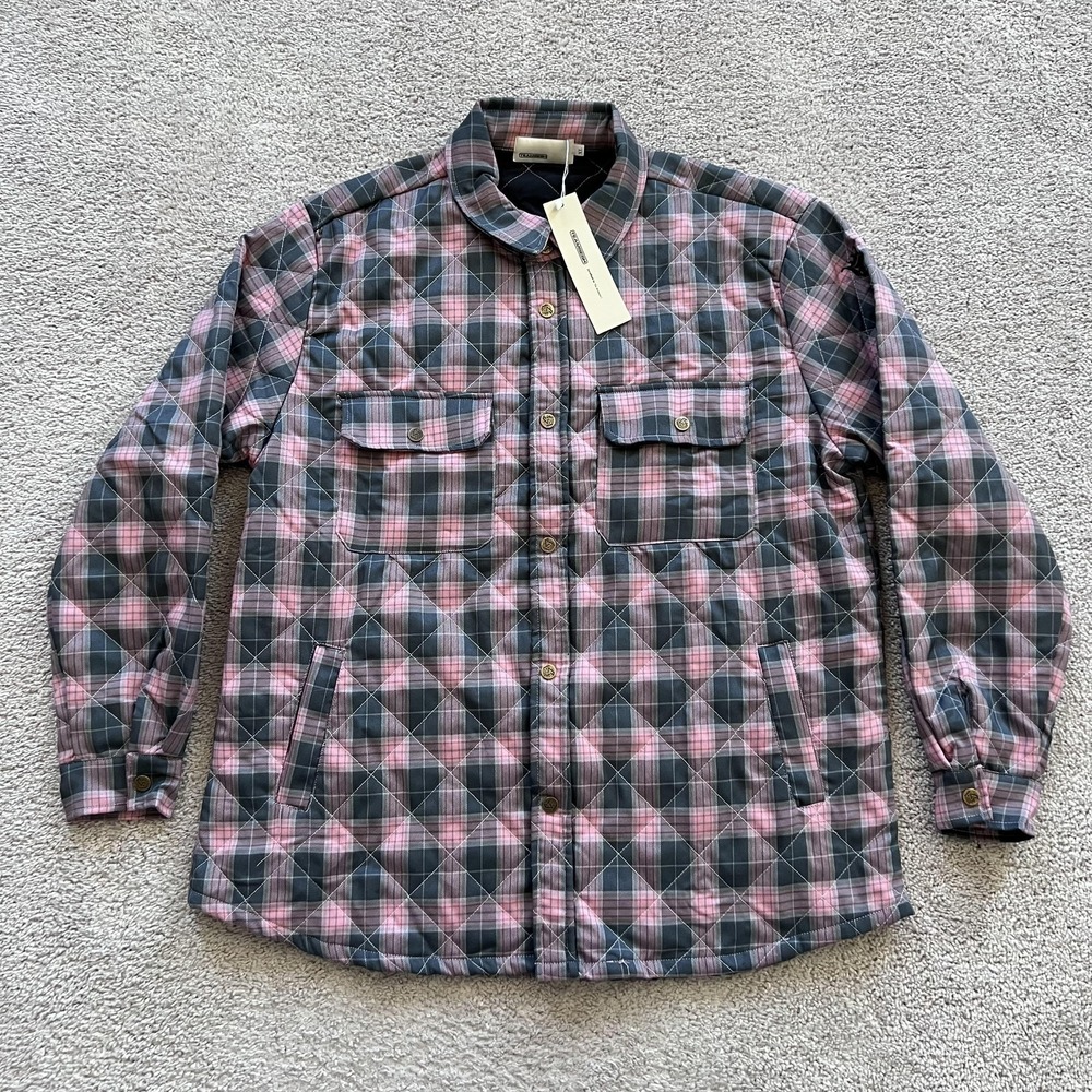TEAMSESH Born From Shade Quilted Shirt Jacket Mens XL Gray Pink Plaid Flannel
